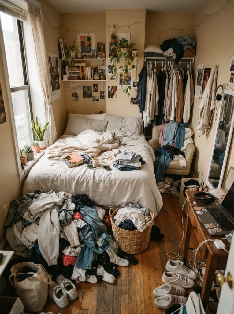 Tiny apartment bedroom with messy laundry piles creating clutter, realistic lived-in atmosphere, cramped visual layout, warm neutral tones, Pinterest-style ultra realistic photography