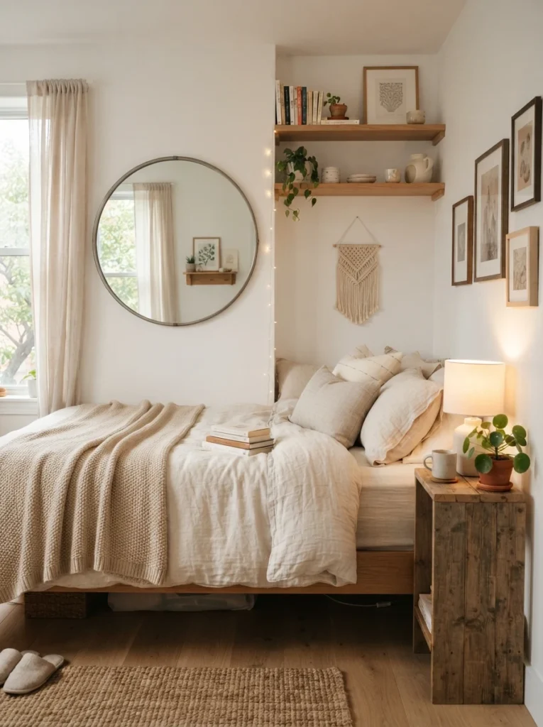 Tiny apartment bedroom with large mirror reflecting soft daylight, warm neutral bedding, airy realistic layout, calming cozy atmosphere, ultra realistic Pinterest interior photography