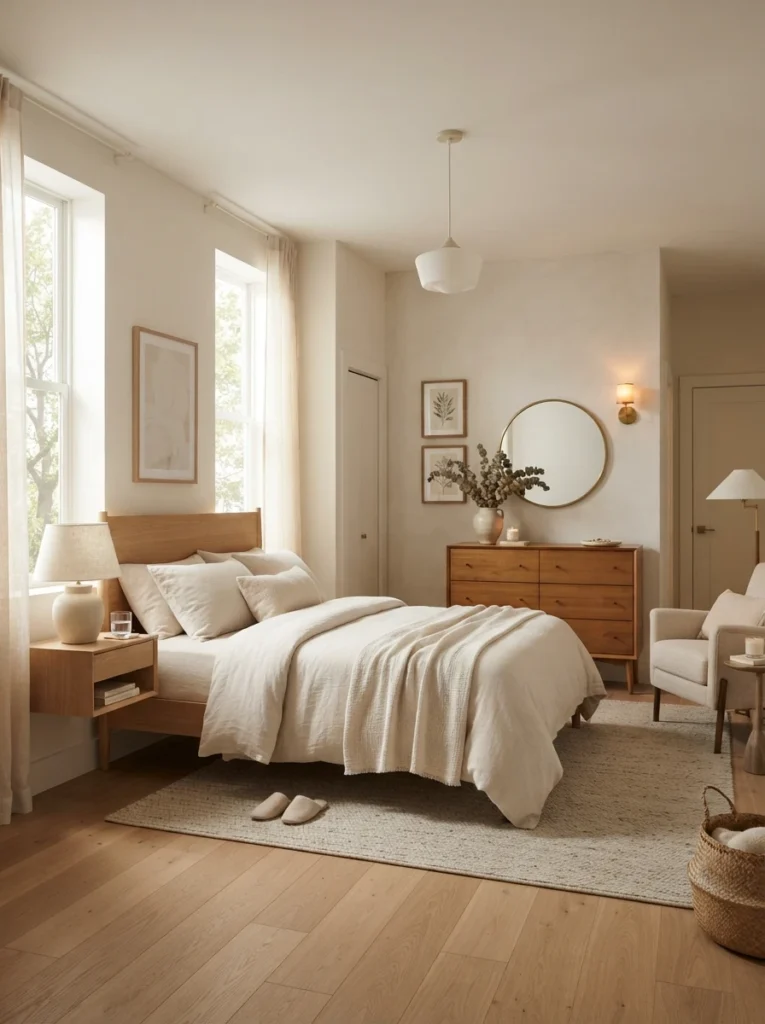Balanced apartment bedroom with one visually lighter side and warm neutral styling, realistic compact layout, calming elegant atmosphere