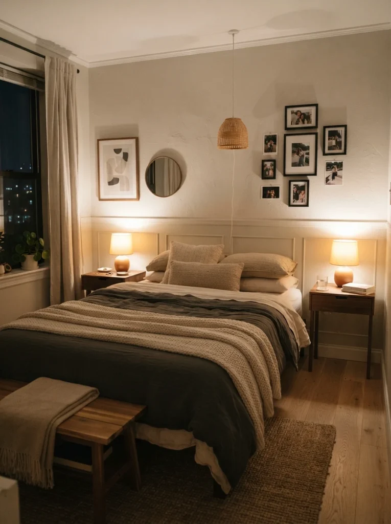 Small apartment bedroom with slim minimalist nightstands and warm bedside lighting, realistic cozy atmosphere, ultra realistic Pinterest interior photography