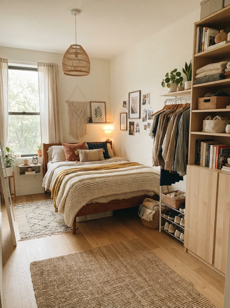 Tiny apartment bedroom with visible clean flooring and organized vertical storage, warm layered decor, realistic cozy atmosphere, Pinterest-worthy photography