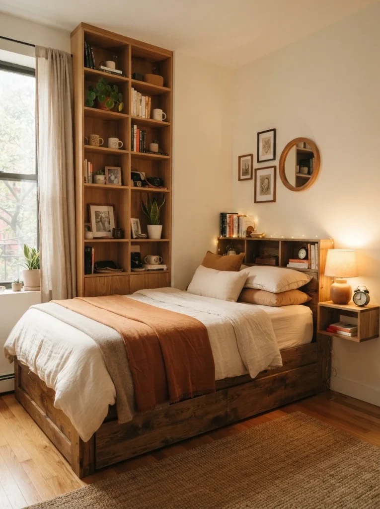 Tiny apartment bedroom with slim vertical storage in corner, warm oak textures, realistic cozy atmosphere, Pinterest-style ultra realistic photography