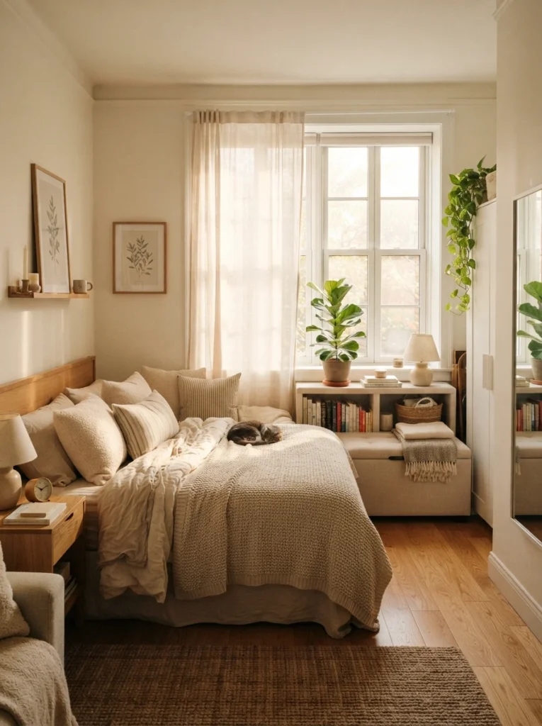Small apartment bedroom with minimalist wall hooks holding everyday clothing, warm neutral decor, realistic lived-in atmosphere, soft natural lighting, visually calm organization setup, ultra realistic Pinterest photography