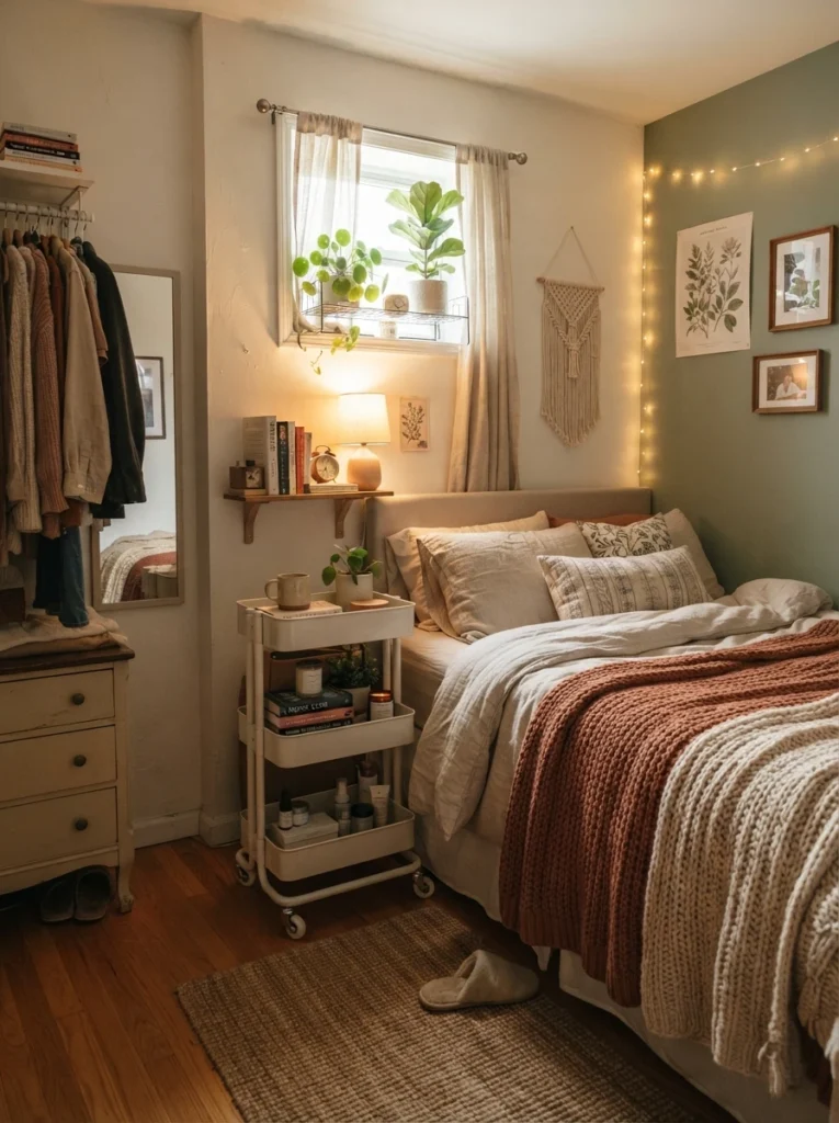 Tiny apartment bedroom with slim rolling storage cart, warm cozy decor, realistic compact layout, Pinterest-style ultra realistic photography