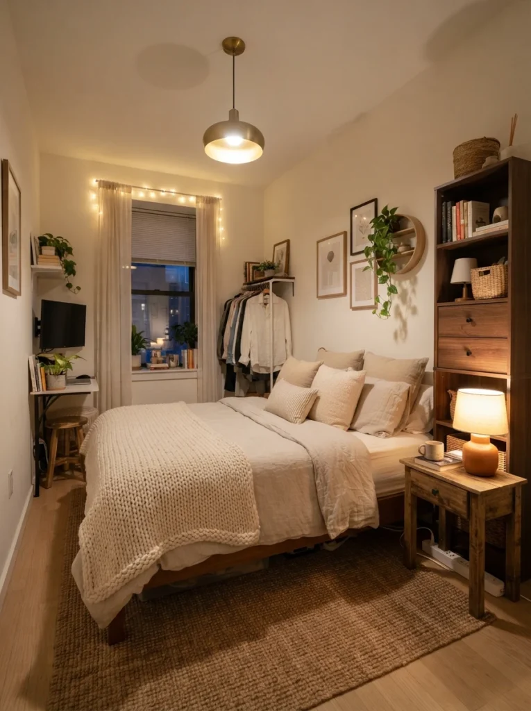 Small apartment bedroom with tall narrow storage cabinet, warm layered lighting, cozy neutral textures, realistic compact layout, ultra realistic Pinterest photography