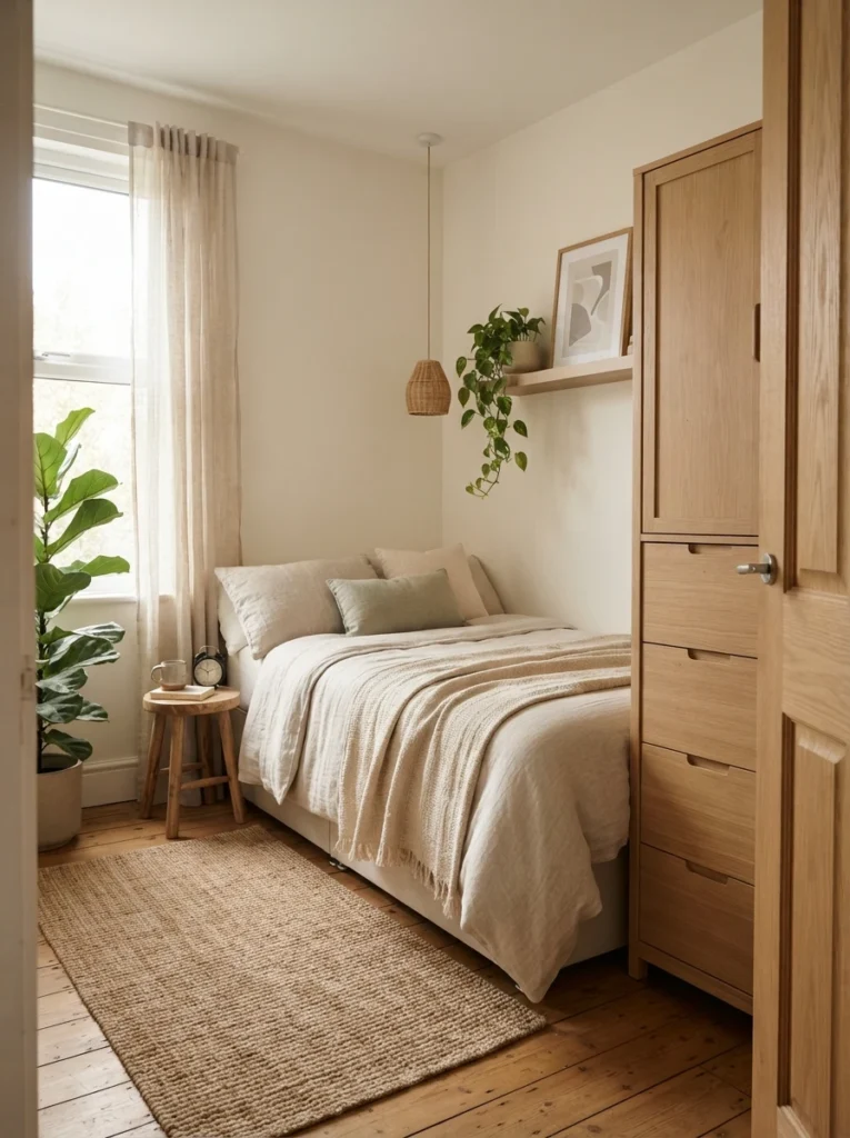 Small apartment bedroom with tall slim storage cabinet, warm natural textures, realistic compact proportions, calming uncluttered atmosphere
