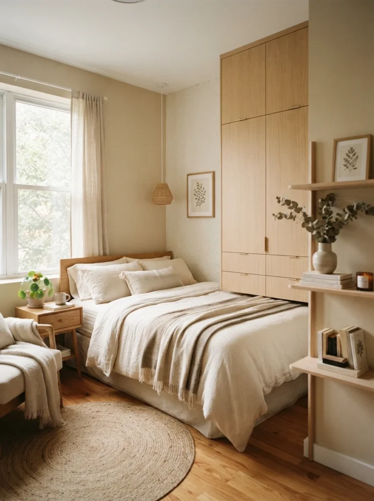 Small apartment bedroom with soft closed storage and minimal open shelving, warm cozy decor, realistic compact layout, calming uncluttered atmosphere, Pinterest-worthy photography