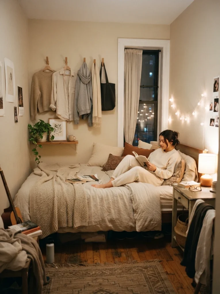 Tiny apartment bedroom with minimalist wall hooks holding neutral clothing items, warm soft lighting, cozy aesthetic decor, realistic lived-in atmosphere