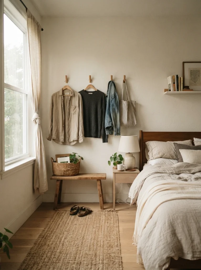 Small apartment bedroom with minimalist wall hooks holding everyday clothing, warm neutral decor, realistic lived-in atmosphere, soft natural lighting, visually calm organization setup, ultra realistic Pinterest photography
