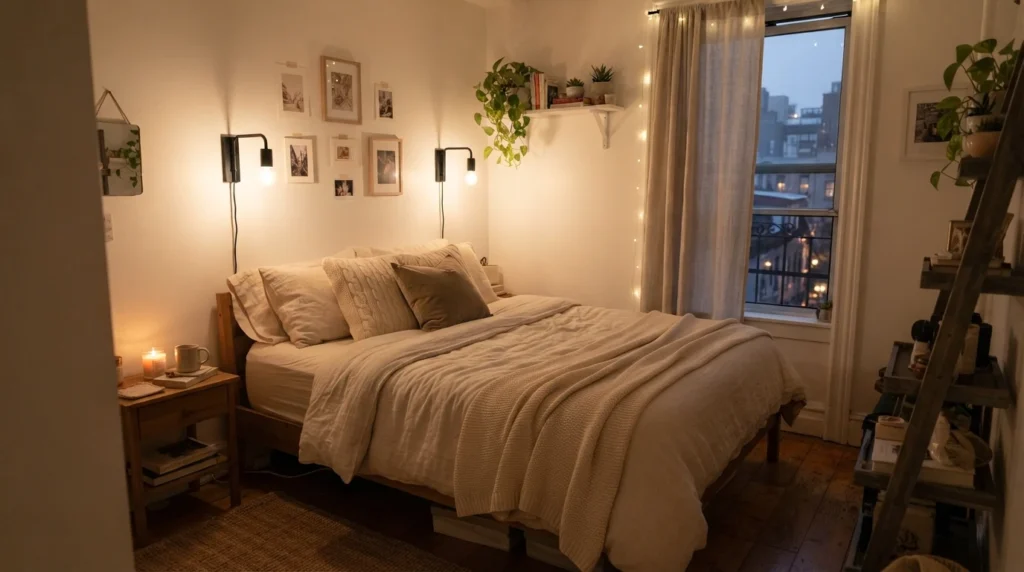 Tiny apartment bedroom with renter-friendly peel-and-stick wall sconces, warm ambient lighting, cozy cream bedding, realistic compact proportions, soft evening atmosphere, ultra realistic Pinterest bedroom photography