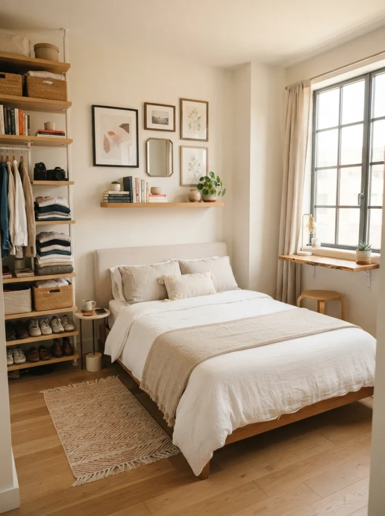 Small apartment bedroom with clean visible flooring and organized wall storage, warm natural light, realistic compact layout, cozy uncluttered atmosphere, Pinterest-style ultra realistic photography