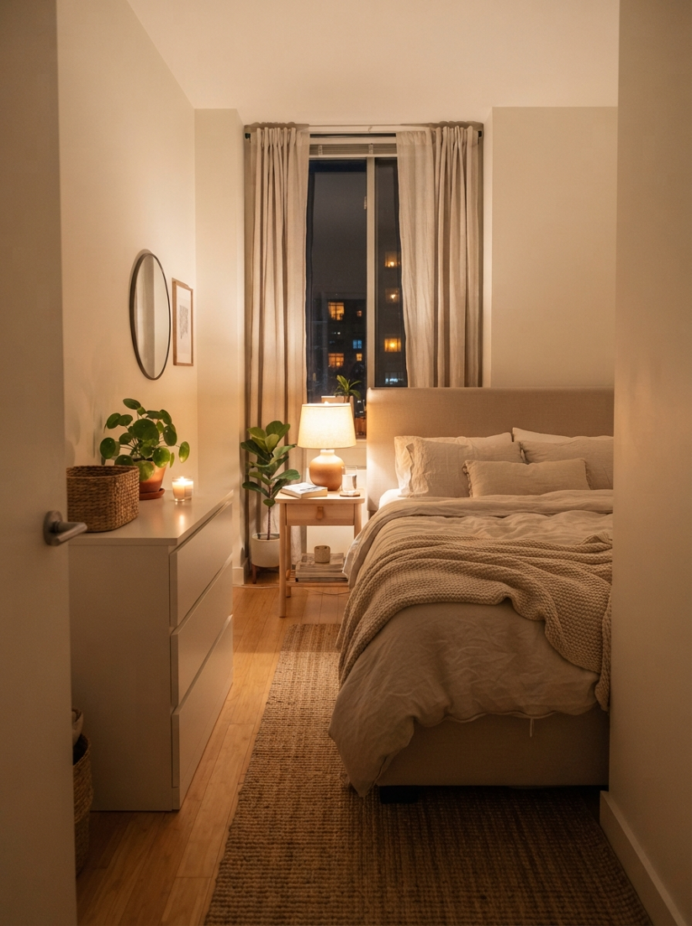 Small apartment bedroom with open nighttime walking flow and warm ambient lighting, cozy neutral decor, realistic compact layout, ultra realistic Pinterest photography