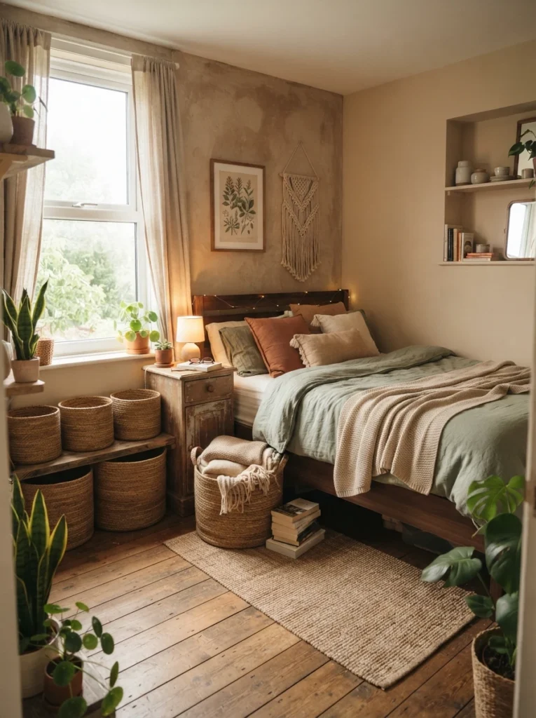 Small apartment bedroom with matching woven storage baskets, warm earthy decor palette, soft natural lighting, cozy realistic atmosphere, Pinterest-style ultra realistic photography