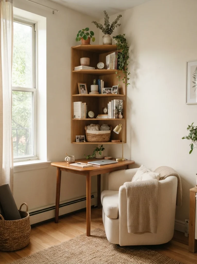 Small cozy apartment room with minimalist wooden wall hooks holding everyday items, warm neutral decor, realistic lived-in atmosphere, soft natural lighting, visually organized compact layout, Pinterest-style ultra realistic photography