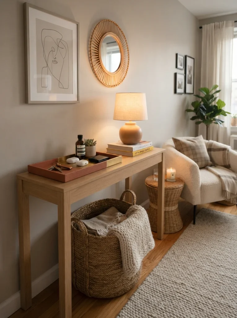 Realistic small apartment room with organized catch-all tray and woven basket, warm neutral decor, soft ambient lighting, cozy functional atmosphere, Pinterest-worthy ultra realistic photography