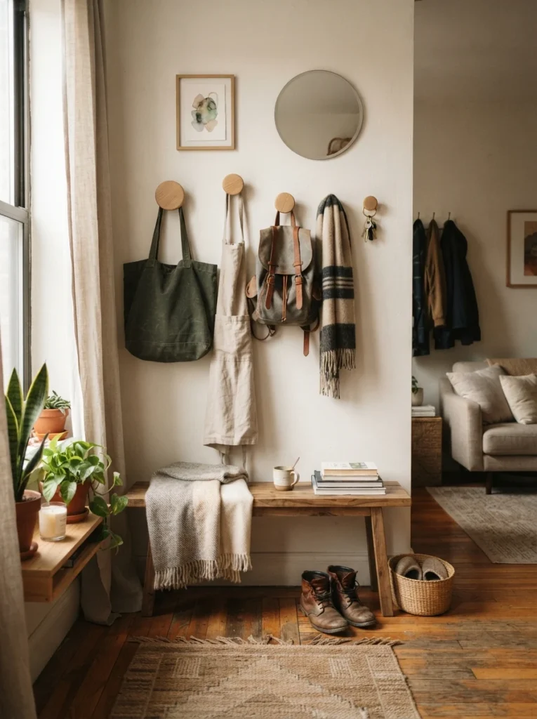 Tiny apartment bedroom with clean organized chair area and woven clothing basket nearby, warm cozy lighting, realistic renter-friendly atmosphere, visually calm layout, ultra realistic Pinterest photography