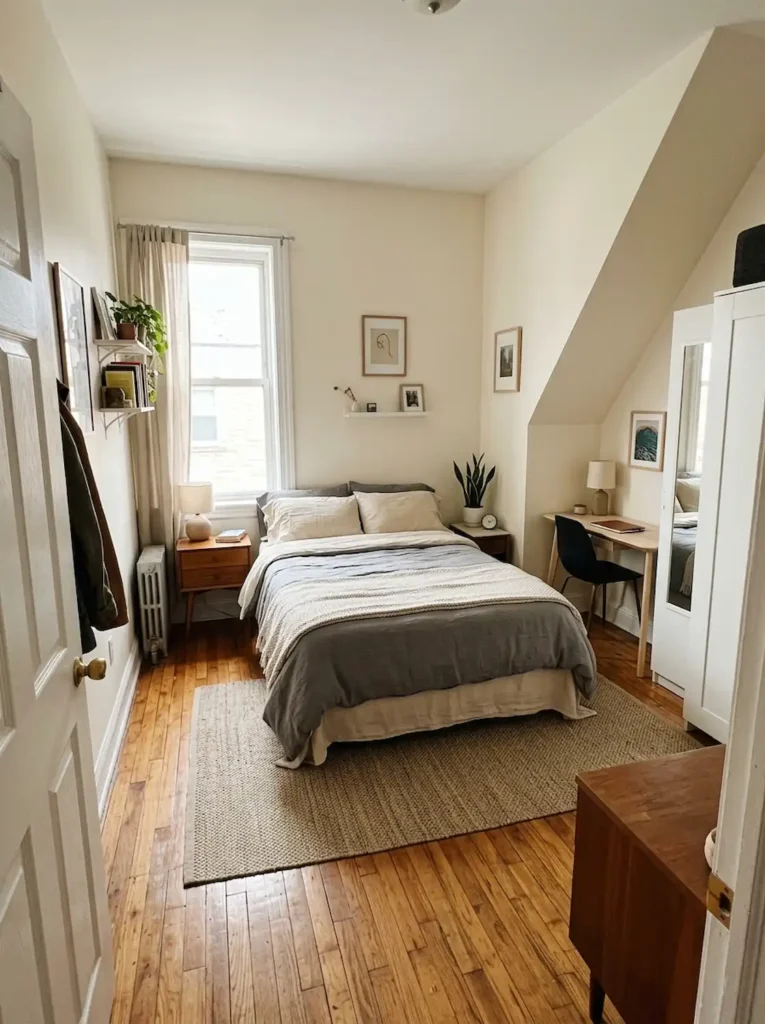 Awkward small bedroom with clear open walking flow and balanced furniture spacing, realistic compact apartment atmosphere