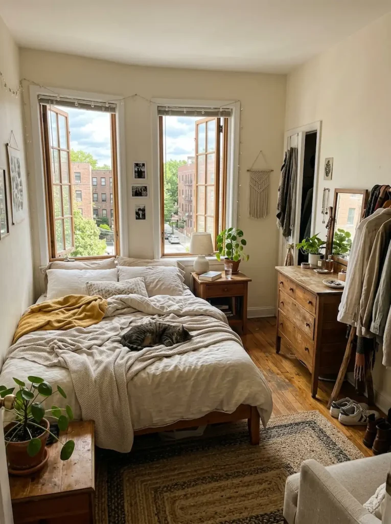 Awkward apartment bedroom with open windows and soft daylight, warm neutral decor, realistic cozy atmosphere