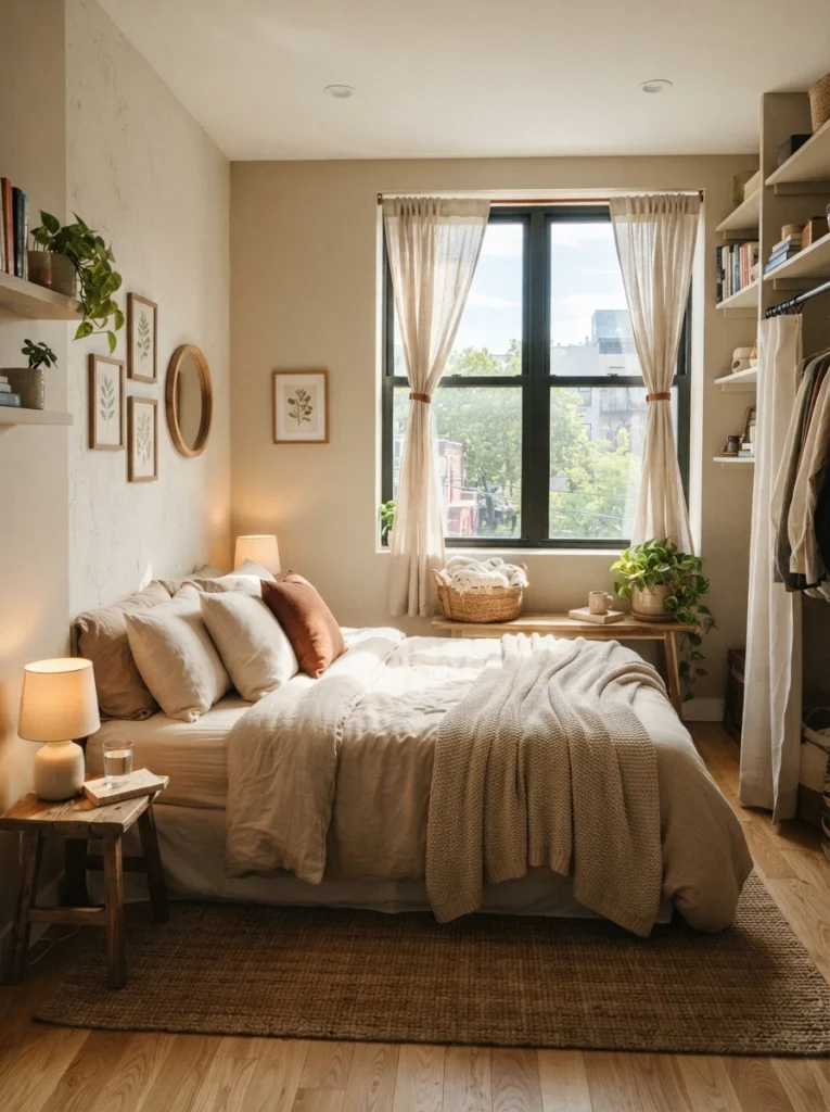 Tiny apartment bedroom with bed positioned opposite large window, warm sunlight across soft bedding, airy realistic layout, cozy neutral decor, compact renter-friendly space, Pinterest-style ultra realistic photography