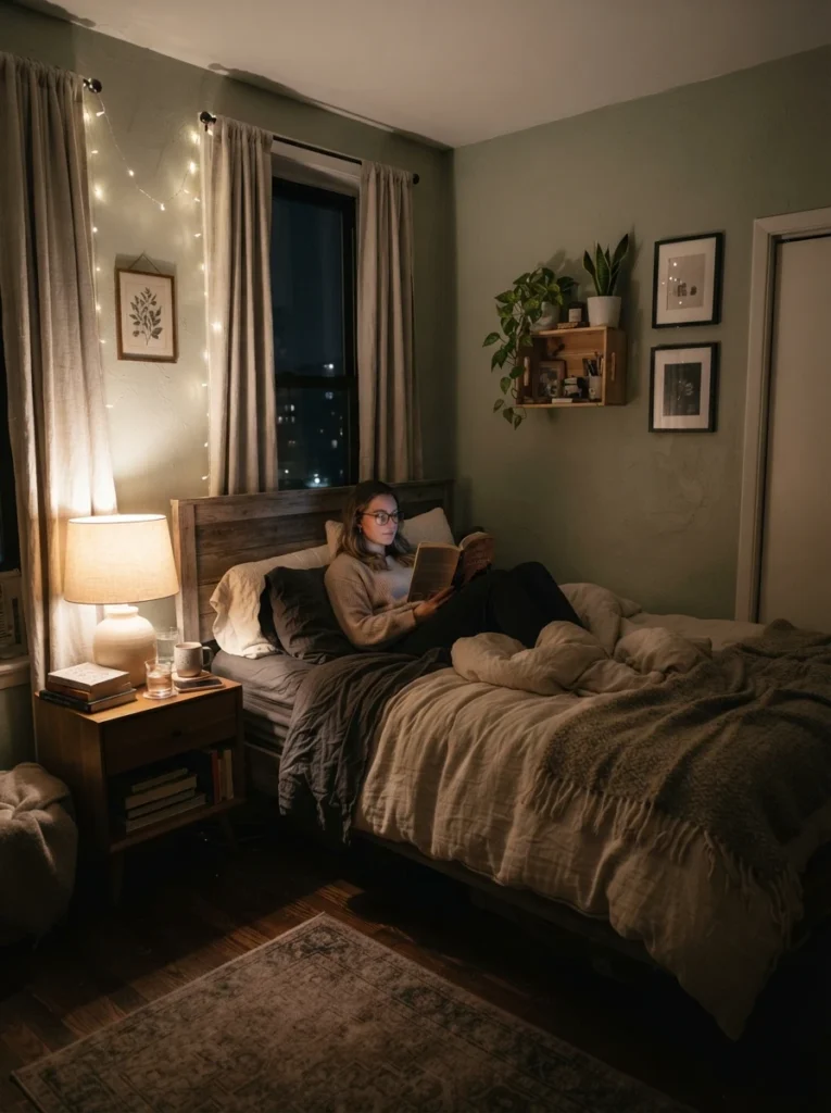 Warm dimly lit small bedroom at night, soft bedside glow, cozy linen textures, realistic apartment atmosphere, calming relaxing mood, ultra realistic Pinterest bedroom photography