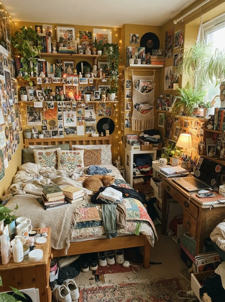 Small bedroom overloaded with tiny decorative clutter, crowded shelves and surfaces, warm lighting, realistic apartment atmosphere, visually busy layout, Pinterest-style ultra realistic photography