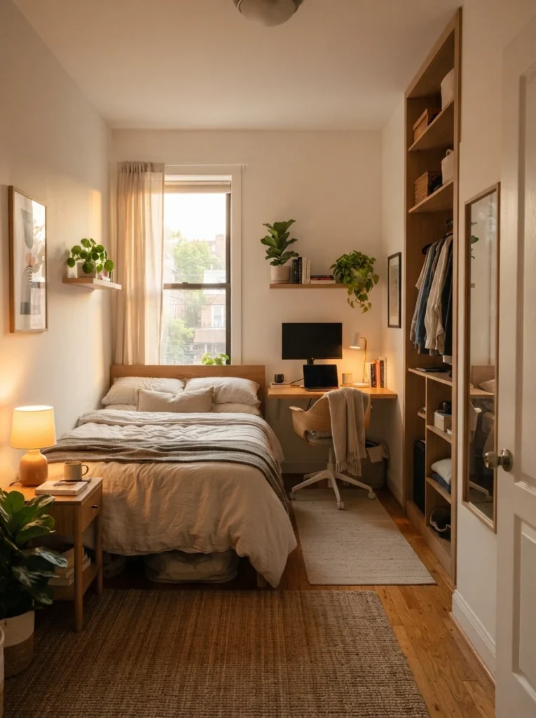 Ultra realistic small bedroom designed around smooth daily movement flow, warm layered lighting, cozy practical layout, realistic apartment atmosphere, Pinterest-style interior photography