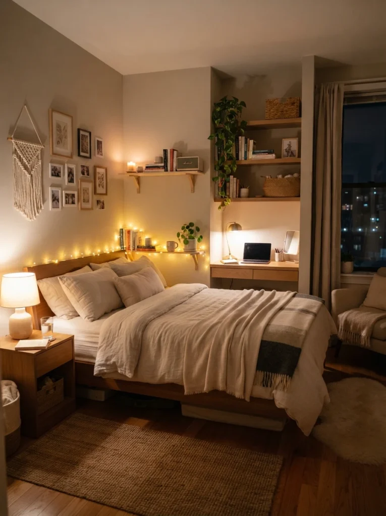 Small aesthetic bedroom with visually clean surfaces and hidden clutter, warm layered lighting, cozy neutral decor, Pinterest-style ultra realistic photography