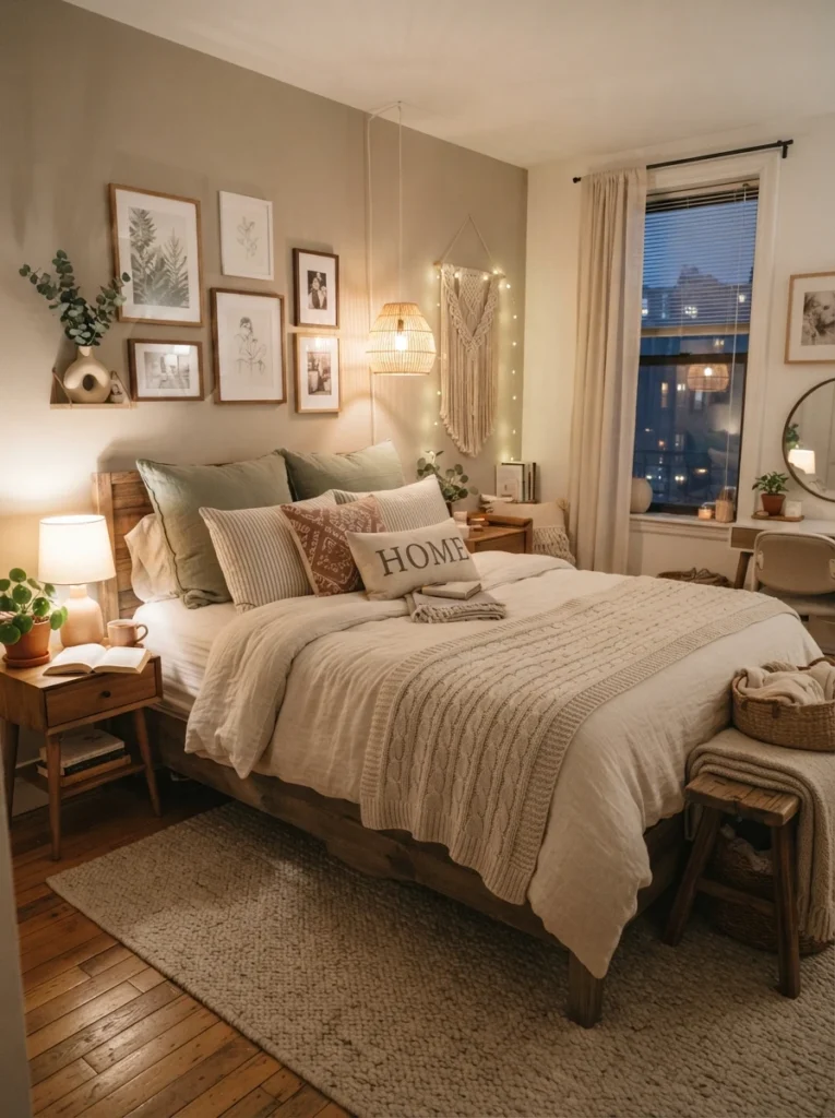 Ultra realistic Pinterest bedroom with beautifully styled cozy bed, layered pillows, warm neutral bedding, soft ambient lighting, compact apartment atmosphere