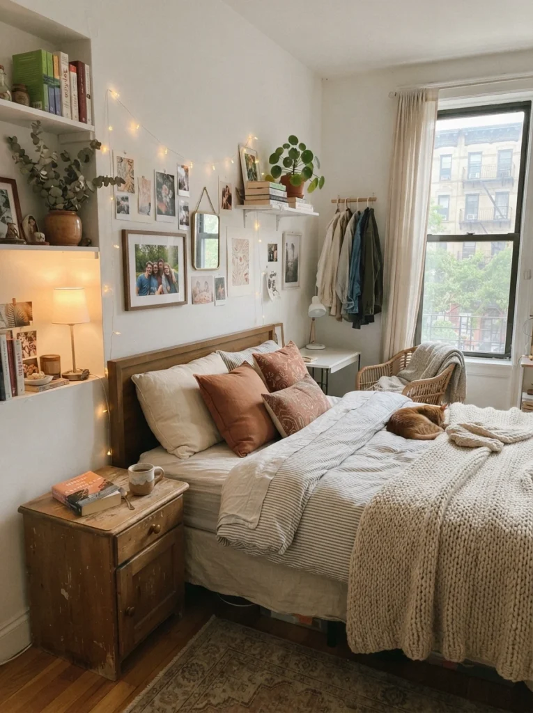 Small Pinterest-style bedroom with personal cozy decor details, framed photo, books, ceramic mug, soft layered bedding, realistic apartment atmosphere