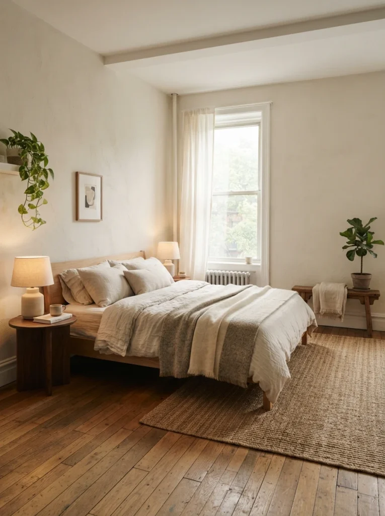 Minimal elegant bedroom with intentional empty space and balanced styling, warm layered textures, soft lighting, realistic apartment atmosphere, ultra realistic Pinterest photography