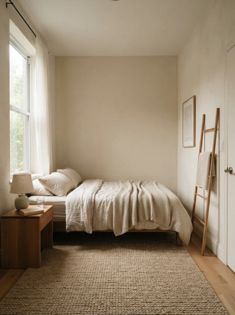 Small minimalist bedroom with intentional empty wall space and uncluttered surfaces, warm layered textures, realistic apartment proportions, calming peaceful atmosphere, Pinterest-style ultra realistic photography