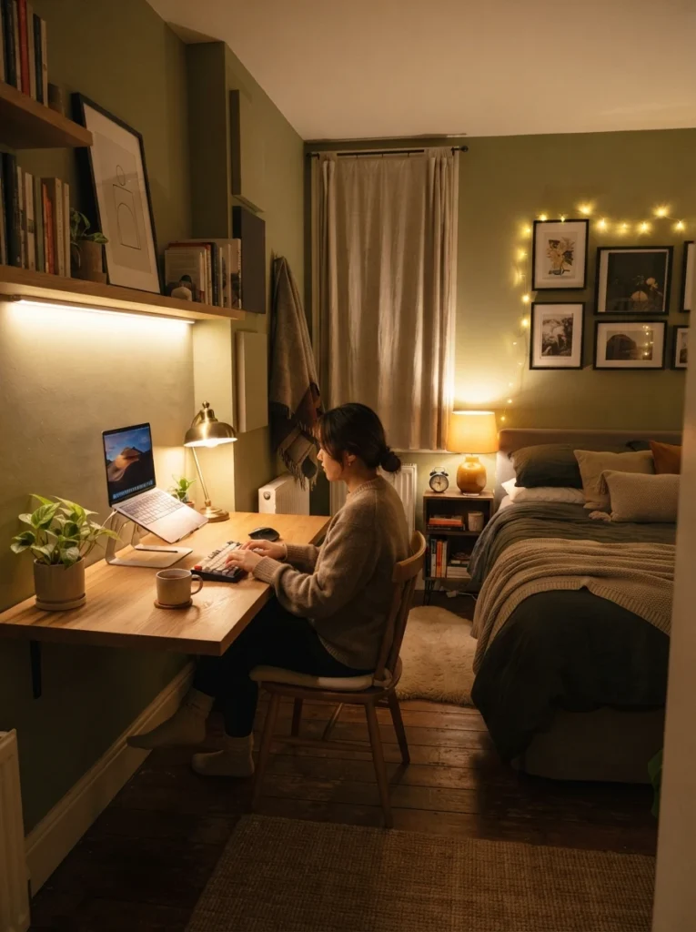 Small bedroom with slim floating desk setup, warm layered lighting, cozy apartment atmosphere, realistic compact proportions