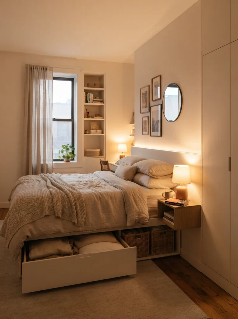 Cozy small bedroom with hidden storage and concealed everyday clutter, warm layered lighting, realistic apartment atmosphere, visually calm organization setup, ultra realistic Pinterest photography
