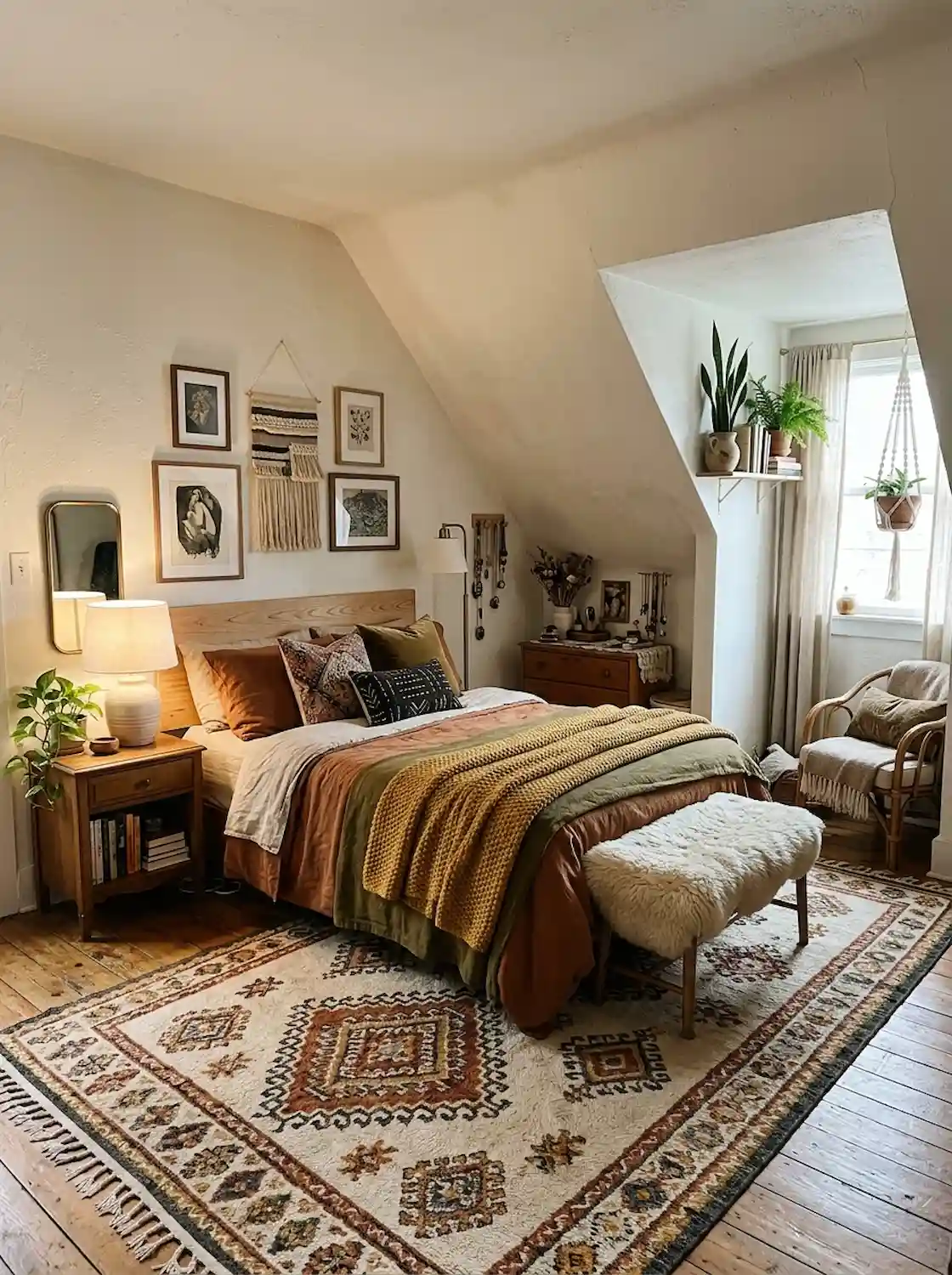 Small awkward-shaped bedroom with large area rug unifying layout, warm layered textures, Pinterest-style interior photography