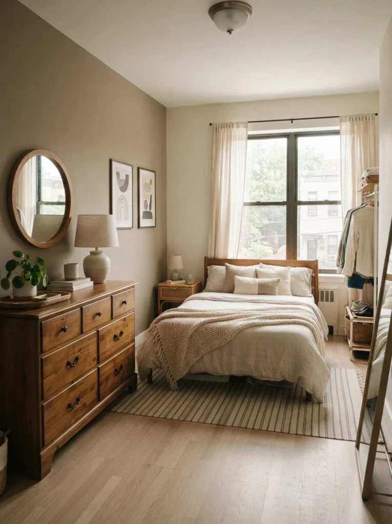 Small awkward rental bedroom with large dresser placed along darker wall, soft daylight across bed area, warm neutral palette, realistic apartment proportions, visually balanced layout, Pinterest-worthy ultra realistic photography