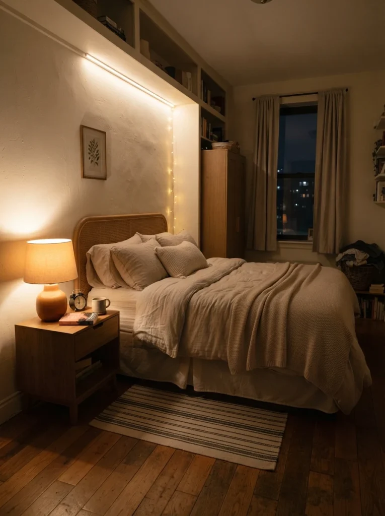 Ultra realistic small bedroom with layered lighting setup instead of harsh ceiling light, warm bedside lamp glow, cozy neutral bedding, realistic apartment proportions, calming nighttime atmosphere, Pinterest-style interior photography