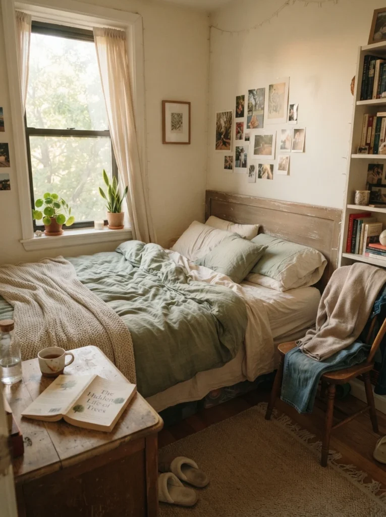 Warm lived-in small bedroom with relaxed linen bedding, open book on bedside table, soft morning sunlight, realistic cozy apartment atmosphere