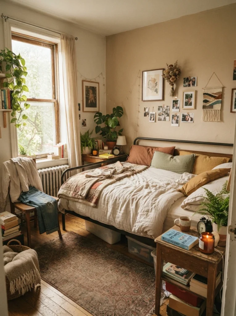 Warm lived-in small bedroom with relaxed linen bedding and cozy realistic styling, soft morning light, calming apartment atmosphere, Pinterest-style ultra realistic photography