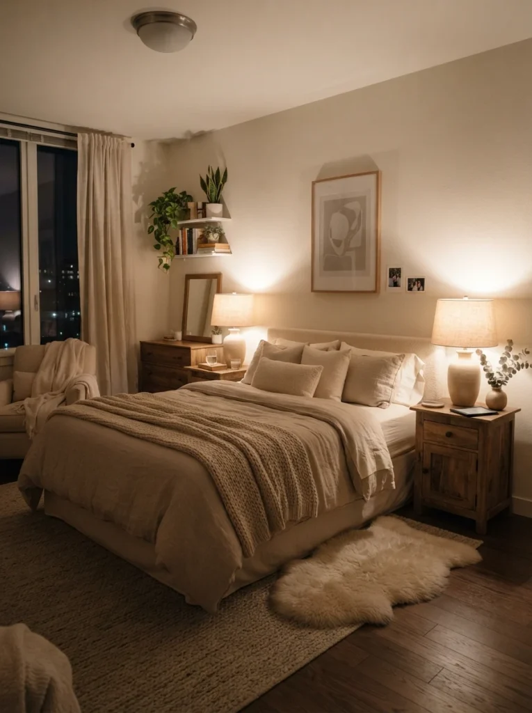 Warm cozy bedroom with linen lamp shades casting soft ambient light, layered neutral bedding, realistic apartment atmosphere, calming nighttime decor, Pinterest-style ultra realistic photography