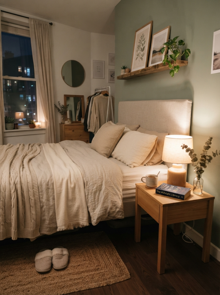 Small relaxing bedroom with softly styled minimalist nightstand, warm bedside lamp, neutral bedding textures, realistic cozy apartment atmosphere