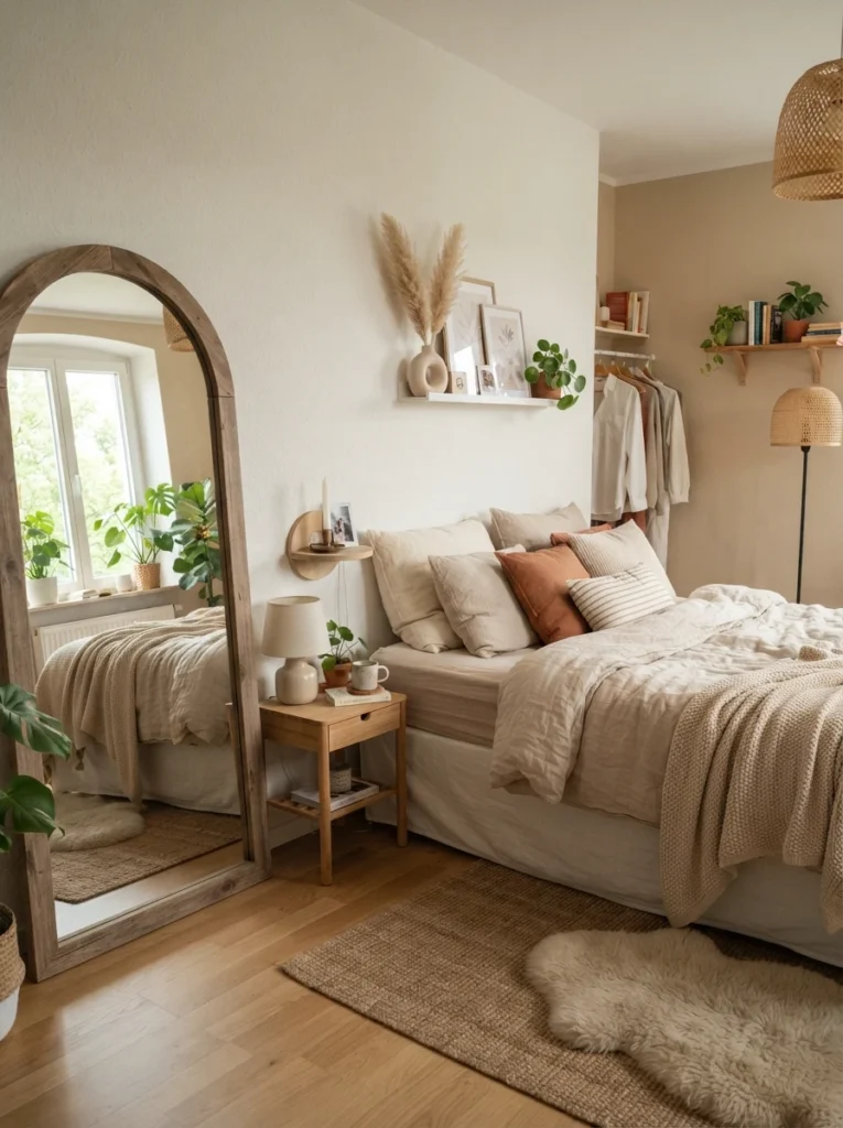 Small aesthetic bedroom with mirror reflecting soft daylight and cozy bedding, warm neutral decor, airy realistic apartment atmosphere