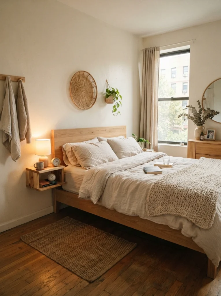 Small minimalist bedroom with natural wood furniture, linen bedding, woven textures, warm soft lighting, realistic cozy apartment atmosphere, Pinterest-style ultra realistic photography