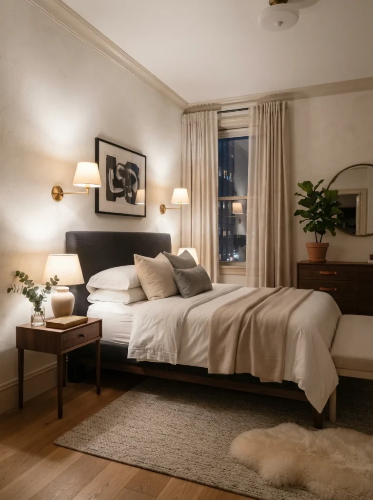 High-end small bedroom with soft neutral palette and one dark accent piece, warm layered lighting, realistic elegant apartment atmosphere, ultra realistic Pinterest interior photography