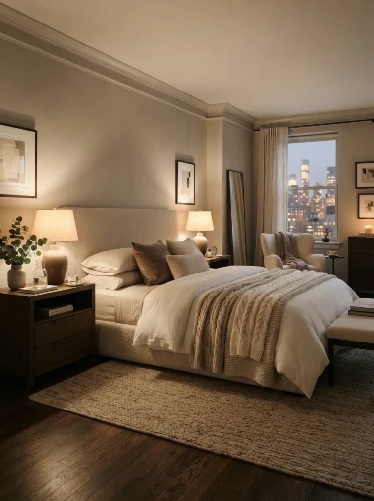 Warm calming high-end bedroom with timeless styling, layered neutral textures, soft lighting, realistic apartment atmosphere, cozy elegant mood