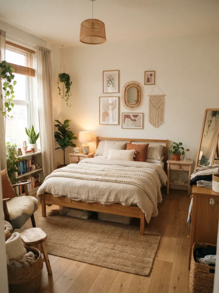 Pinterest-inspired small bedroom with warm oak furniture, woven textures, linen bedding, cozy natural materials, soft ambient lighting, realistic apartment atmosphere