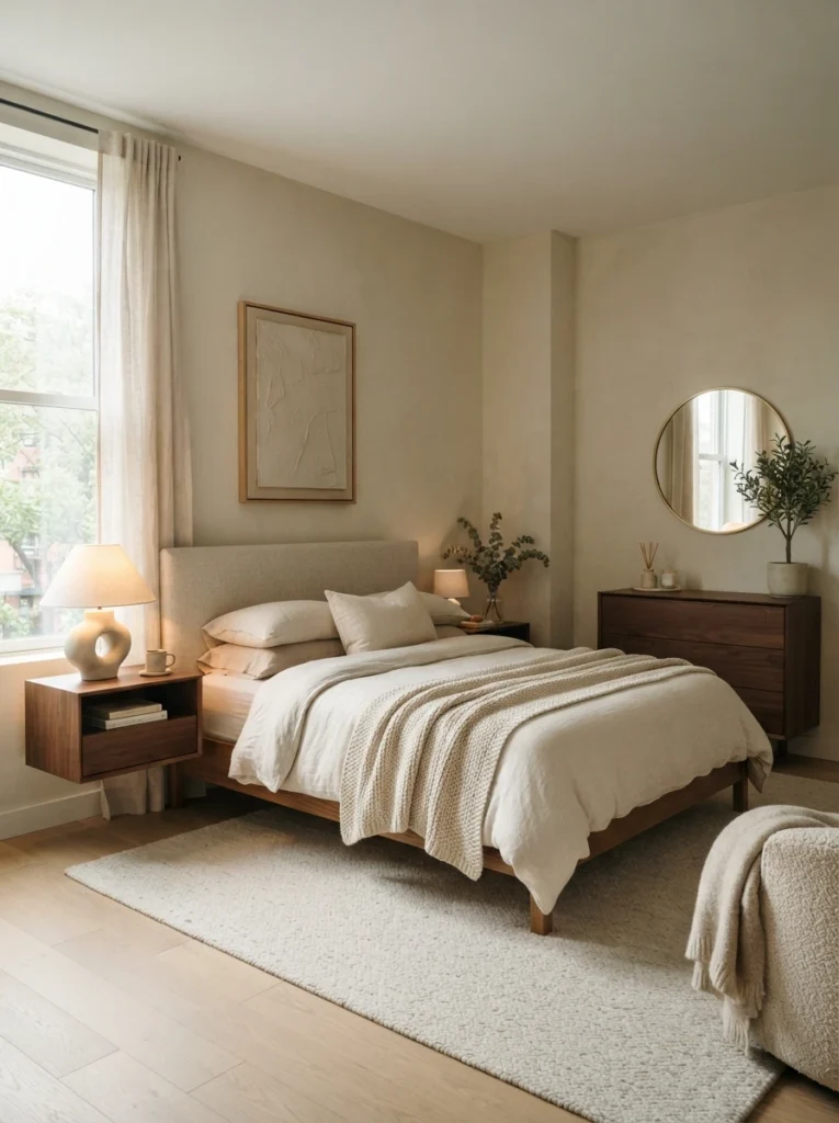 Minimal elegant small bedroom with intentional open space around furniture, warm neutral textures, soft lighting, realistic apartment proportions, visually balanced luxurious atmosphere, Pinterest-style ultra realistic photography