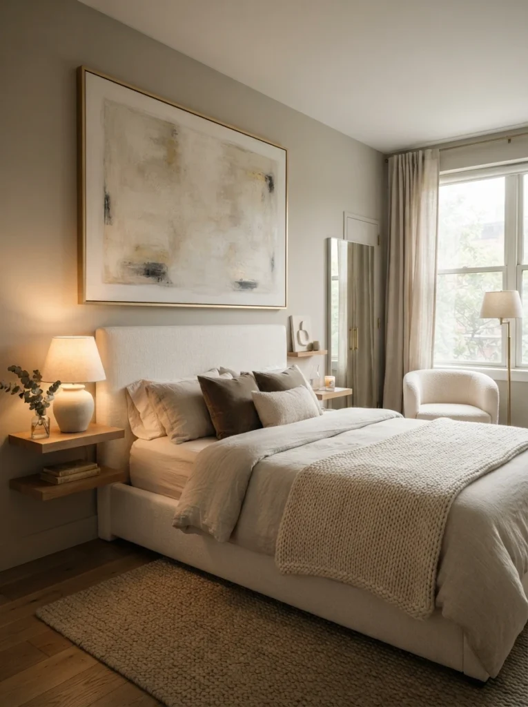 Ultra realistic high-end small bedroom with oversized wall art and minimal decor styling, warm neutral palette, layered lighting, cozy elegant atmosphere, realistic apartment proportions, Pinterest-style interior photography