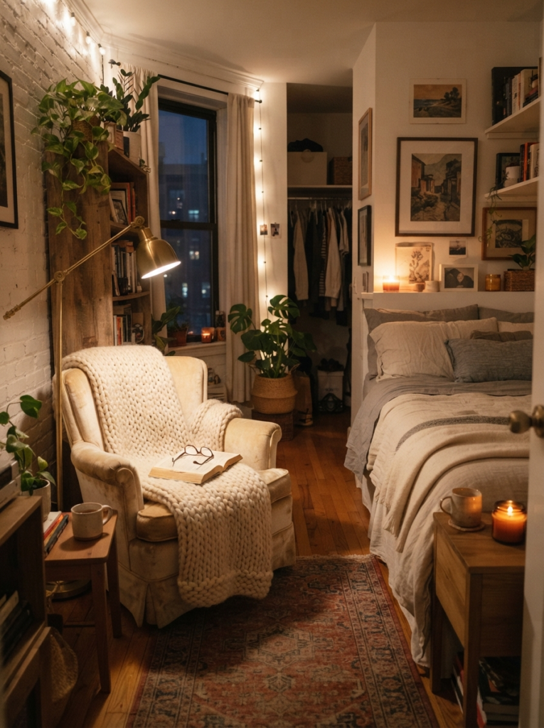 Small relaxing bedroom with cozy reading corner, warm lamp glow, soft knit blanket, realistic apartment atmosphere, ultra realistic Pinterest photography
