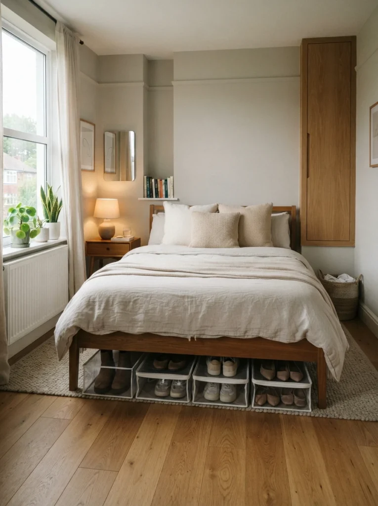 Small apartment bedroom with organized under-bed shoe storage containers, warm oak flooring, cozy neutral bedding, realistic compact layout, calm clutter-free atmosphere, ultra realistic Pinterest bedroom photography