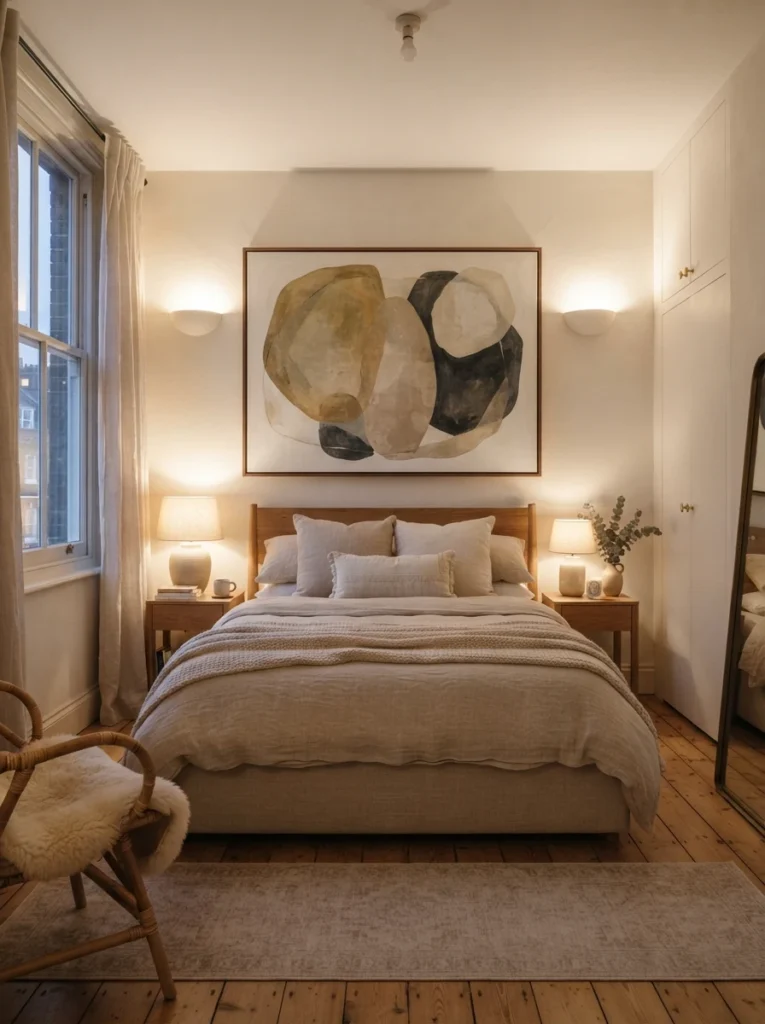 Ultra realistic small bedroom with one oversized statement wall art piece above bed, warm layered neutral decor, soft ambient lighting, realistic apartment proportions, visually calm luxurious atmosphere, Pinterest-style interior photography